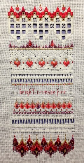"Crimson Fire Sampler" by The Victoria Sampler Stitched on 28ct white Cashel linen with recommended threads and beads Started Jan 2011 - Finished 28 Jan 2014